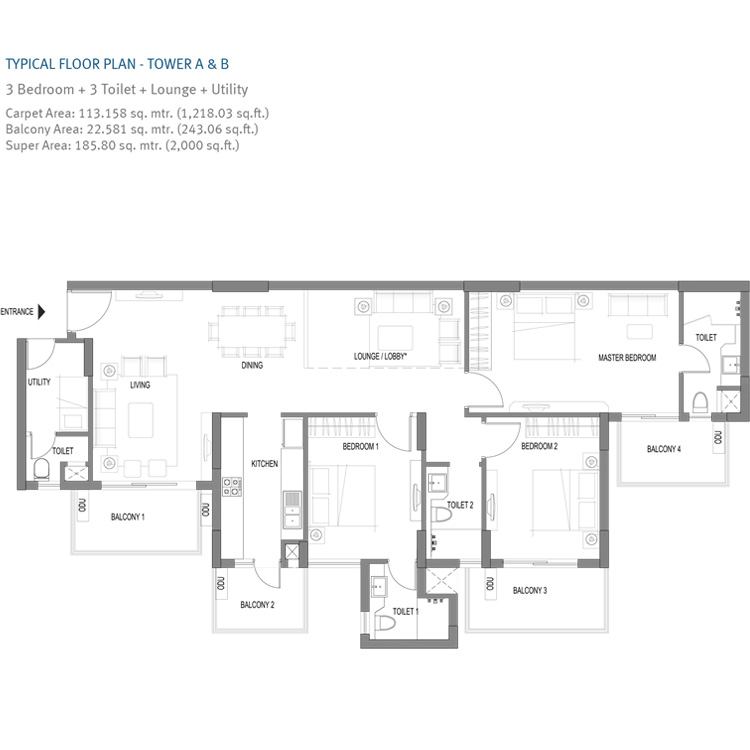 Emaar Palm Premier Sector 77 Gurgaon Typical Floor Plan 2000 SqFt 3BHK Lounge and Utility