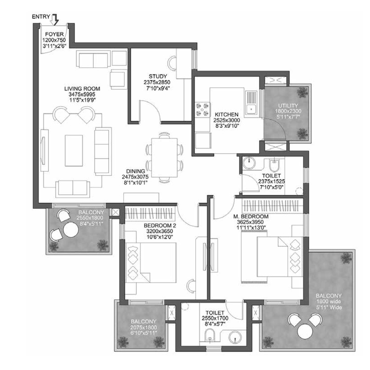 Godrej 101 Sector 79 Gurgaon Floor Plan Layout 2BHK 2T Study Type-01 106.67-Sq.Mtr.