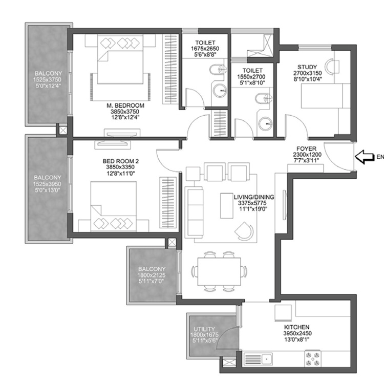 Godrej 101 Sector 79 Gurgaon Floor Plan Layout 2BHK 2T Study Type-03 99.32 Sq.Mtr.
