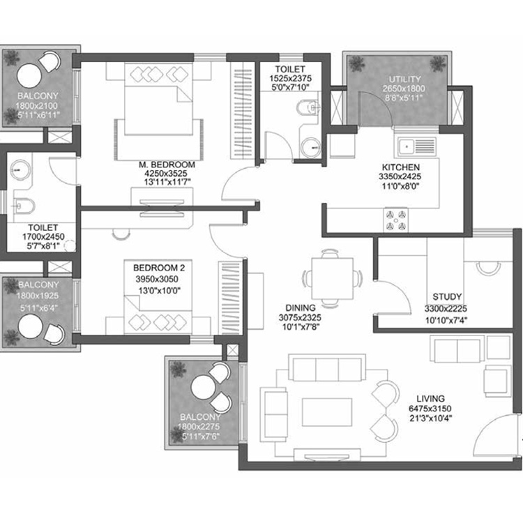 Godrej 101 Sector 79 Gurgaon Floor Plan Layout 2BHK 2T Study Type-02 97.92 Sq.Mtr.