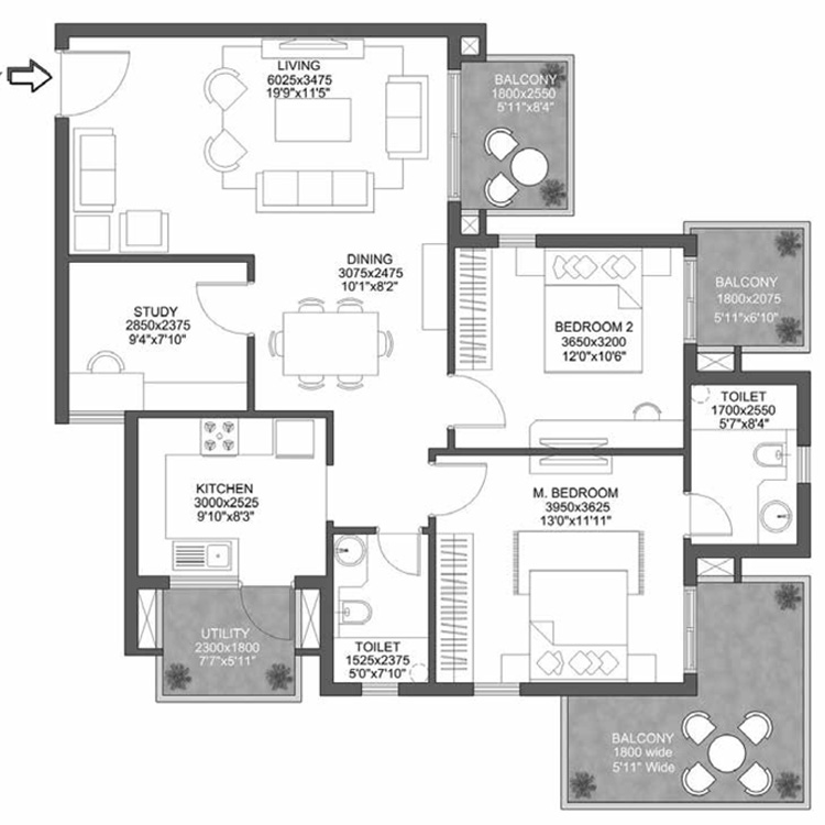 Godrej 101 Sector 79 Gurgaon Floor Plan Layout 2BHK 2T Study Type-02 103.82 Sq.Mtr.