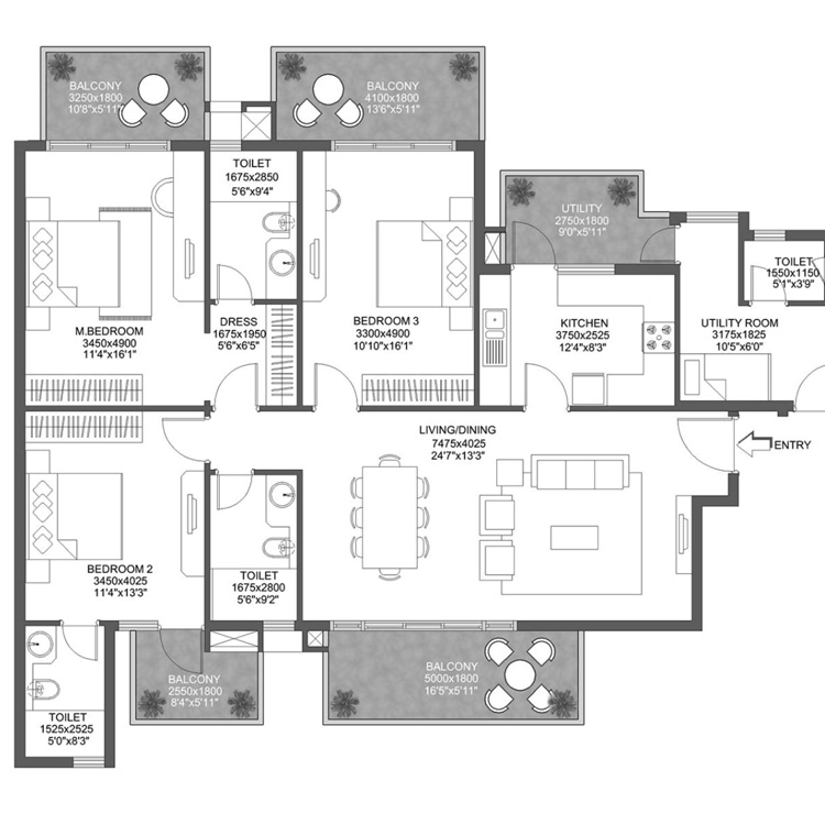 Godrej 101 Sector 79 Gurgaon Floor Plan Layout 3BHK 3T Utility Type-01 148.78 Sq.Mtr.