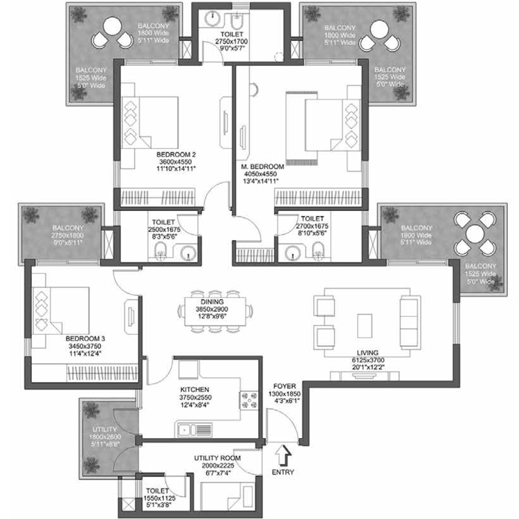 Godrej 101 Sector 79 Gurgaon Floor Plan Layout 3BHK 3T Utility Type-02 157.55 Sq.Mtr.