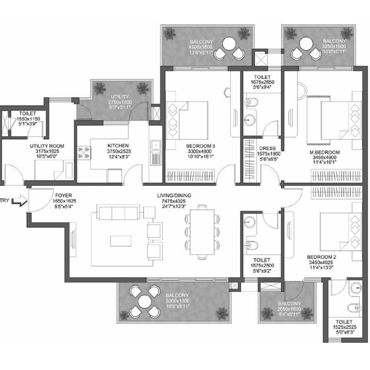 Godrej 101 Sector 79 Gurgaon Floor Plan Layout 3BHK 3T Utility Type-03 151.06 Sq.Mtr.